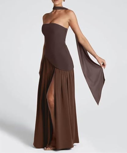 Women Strapless Patchwork Maxi Dress Sexy High Slit Tube Top Party Club with Scarf Long Prom Wedding Guest Dresses2