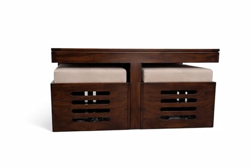Image of Solid Sheesham Wood Center Coffee Table Set - Includes 4 Stools and Glass top Table Wooden Niwar Design ; Furniture for Living Room, Hall and Office. (Dark Walnut)