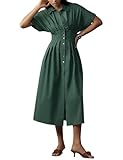 Yeokou Shirt Dress for Women Summer Casual Short Sleeve Button Down Loose Pleated Maxi Sundress with Pockets(Green-XS)