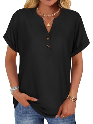 Damen Kurzarm T Shirt V Ausschnitt Sommer Top Basic Lässig Bluse mit Knopfleiste(Schwarz,2XL)