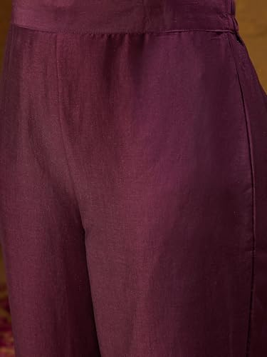 Image of INDO ERA Women's Embroidered Burgundy Silk Blend Straight Kurta & Pant with Dupatta Set (SHUTR6119)