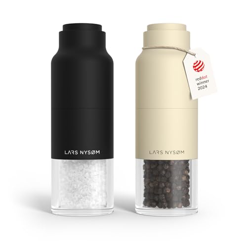 Image of LARS NYSOM Salt and Pepper Grinder Set, Stainless Steel Manual Salt and Pepper Mills, Adjustable Ceramic Grinder, Design Spice Shakers (Black /Beige)