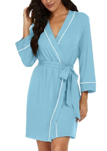 Image of PrinStory Womens Robe Knee Length Soft Knit Bathrobe S-2XL | V-Neck 3 /4 Sleeve Robes with Pockets, Lightweight, Breathable Bath Robe for Shower, Spa, Travel, Home, Party, Nursing