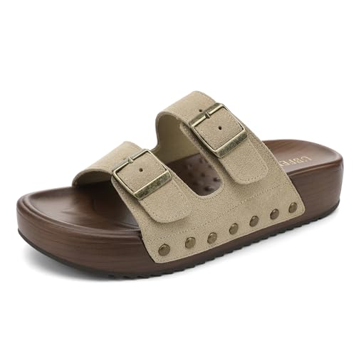 Image of UBFEN Womens Platform Slide Sandals | Real Leather,Buckle Sandals with Cushioned Flatform Footbed,Comfortable for Walking,Arch Support,Casual Styling