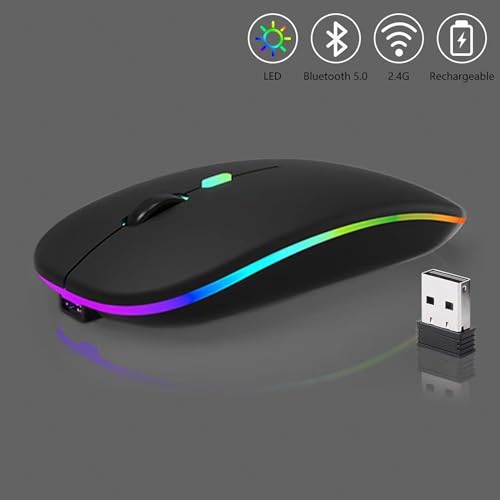 Wireless Bluetooth Mouse,LED Dual Mode Rechargeable Silent Slim Laptop Mouse,Portable(BT5.2+USB Receiver) Dual Mode Computer Mice,for Laptop,Desktop Computer,ipad Tablet,Phone,TV (Black) - Image 5