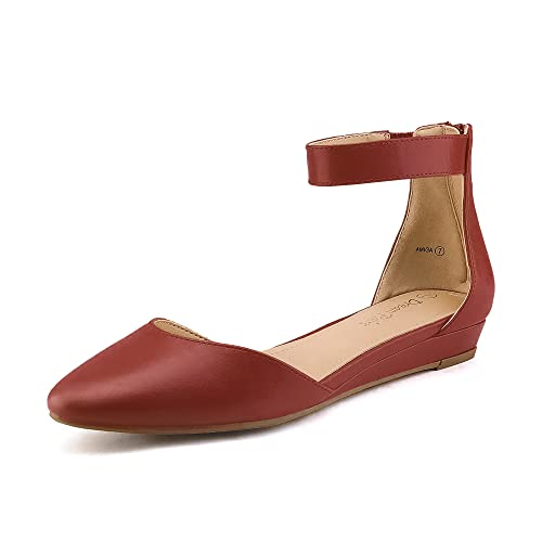 DREAM PAIRS Women's Low Wedge Round Toe Ankle Strap Dress Comfortable Casual Flats Shoes 5.5 Red/Pu