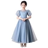 [Ｋａｙｉｙａｓｕ] ロングドレス 女の子 子供ドレス 発表会 ピアノ パフスリーブ フォーマル 卒業式 フラワーガール 演奏会 入園式 誕生日 ジュニア ガールズ 刺繍 3-14歳 (160, ブルー)