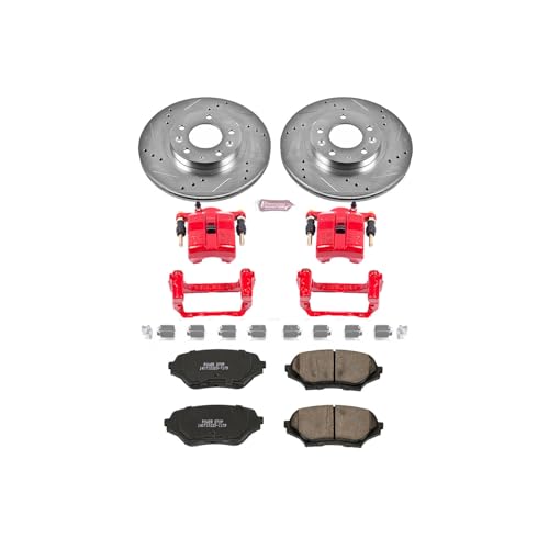 Image of PowerStop Rear Brake Kit for Nissan Frontier 2005-24 |Xterra 2005-15 |Suzuki Equator 2009-12 - Carbon-Fiber Ceramic Brake Pads + Drilled & Slotted Rotors + Red Powder Coated Calipers, KC4621