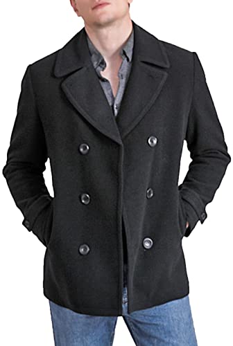 Landing Leathers Men Navy Wool Blend Double Breasted Walking Pea Coat (Also available in Big and Tall)