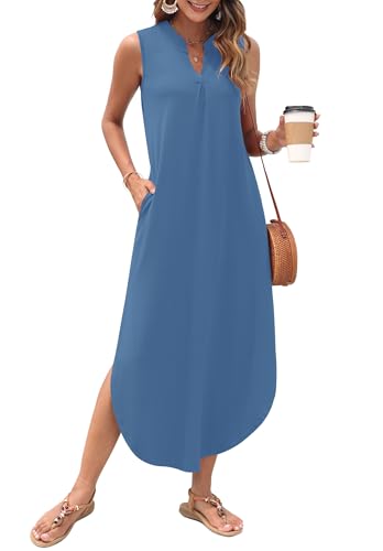 Image of AUSELILY Womens Summer Casual Maxi Dresses 2026 Sleeveless Long Beach Dresses V Neck Loose Sundresses with Side Split Pockets