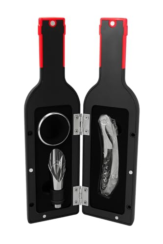 KIT Para Vinho 3 Peças Sommelier em Estojo Estilo Garrafa Abridor de Vinho Anel Antigotas e Bico Dosador Premium