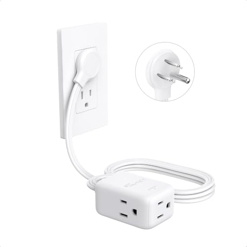 Cable de extensión plano con enchufe angulado izquierdo de 6 pies, extender de toma de corriente pequeño blanco con 3 tomas, ideal para espacios estrechos detrás de muebles, ETL listado, 13A/1625W, cable perfil bajo con 16 AWG y 3 patillas