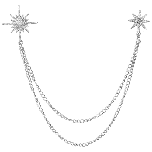 Silver Rhinestone Star Brooch for Women Star Pins Lapel Chain Suit Chain for Men Women Hanging Tassel Chains Dainty Jewelry Decoration
