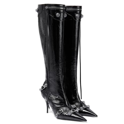 Women's Knee High Boots Pointed Toe Tassel Black Leather Boots Stilettos High Heel Boots Fashion Trendy Shark Boots Side Zipper