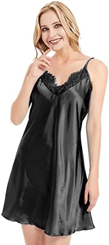 Satin Nightshirts Sexy Nightdress Spaghetti Strap Negligee Nightgown Chemise Slip with Deep Lace V Neck