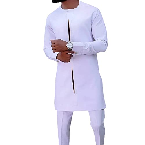 Camisa y Pantalones Dashiki africanos para Hombres Traje de Manga Larga de 2 Piezas Traje Tribal Blanco Tradicional Traje de Ropa