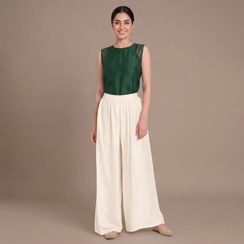 Image of FASHION GALLERY Women's Solid Rayon Palazzo Pants | Relaxed Fit Full Length Wide Leg Palazzo | Elastic Waist Comfortable Casual Lounge Office Ethnic Flared Trousers for Women