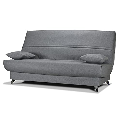 Meubletmoi Banquette lit clic clac 130x190 cm avec Housse en Tissu Gris chiné Matelas Bultex® épaisseur 14 cm Pieds métal et 2 Coussins déco - Harold