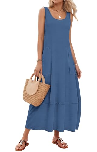 Image of WNEEDU Women's Boho Scoop Neck Sleeveless Summer Maxi Dress with Pockets | Soft Breathable Fabric,Casual Beach Vacation Sundresses for Hawaiian,Graduate Travel,Swing Loose Tank Long Dress,Daily Wear