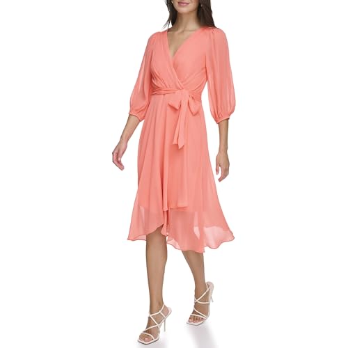 Image of DKNY Women's Chiffon Balloon Sleeve Faux Wrap Midi Dress with High-Low Hem