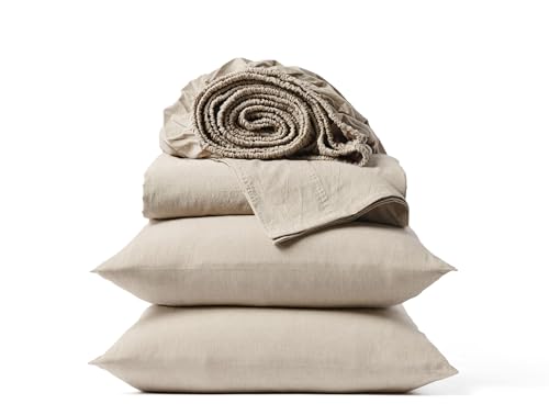 Coyuchi Organic Crinkled Percale Cooling Sheet Set, Breathable 100% Organic Cotton, Hazel Chambray (Queen)