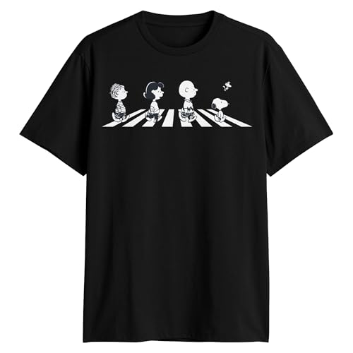 Peanuts T-Shirt Men's Abbey Road Crossing Black and White Graphic Print Tee (Large)