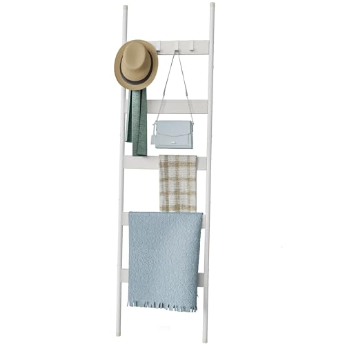 Blanket Ladder 5-Tier Towel Holder with 4 Removable Hooks Farmhouse Wall Leaning Decorative Rack Shelf Wooden Towel Display Rack Quilt Ladder for Living Room Bedroom White