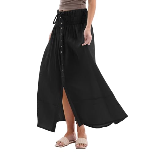 Amazhiyu Women's Summer Beach Crinkle Cotton Gauze Button-Front Slit Maxi Skirt Black, Large2