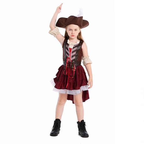 Fato de pirata de Halloween para meninas, conjunto de 4 peças, fantasia de capitão pirata, casaco, chapéu, camisa e saia (castanho, 14-16 anos)