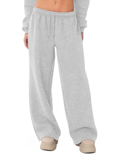 Ugerlov Wide Leg Sweatpants Women Baggy Fleece Sweat Pants Teen Girls Lounge Drawstring Trousers Low Rise Cute Streetwear Pants with Pockets Grey S