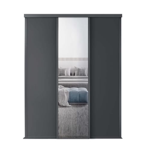 Image of SPACEPRO Classic Sliding Wardrobe Door Kit – Modern 3 Door Bedroom Storage & Sliding Closet Doors with Graphite Wood Effect & Mirror Panels (BSEN12600) – Ideal for H2260mm x W1760mm Opening
