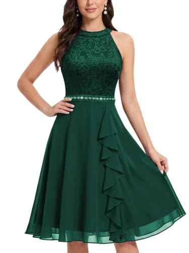 Image of Miusol Women's A-Line Halter Neck Lace Chiffon Ruffle Cocktail Party Dress