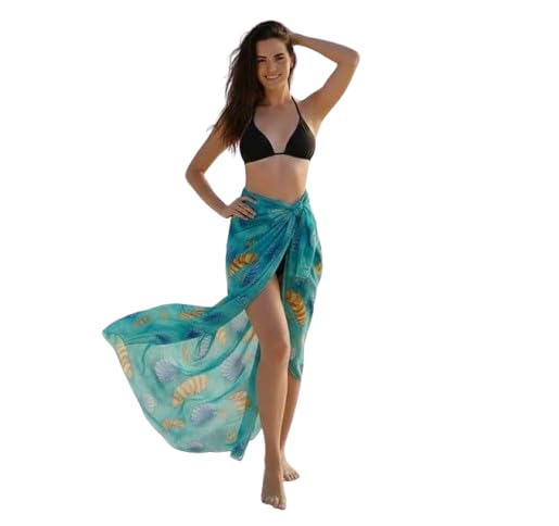 Women's Beach Sarong Pareo – Sheer Chiffon Swimsuit Cover Up, Turquoise Sea Shell Print Long Wrap Skirt for Swimwear, Bikini & Summer Vacation-image-13
