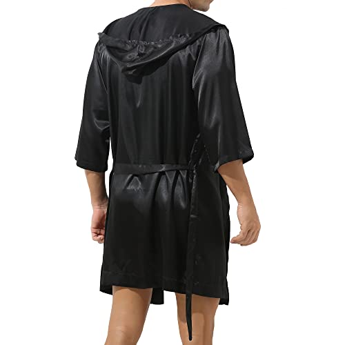 YUFEIDA Mens Satin Robe Silky Bathrobe with Shorts Lightweight Sleepwear Luxurious Pyjama Set Hooded Nightgown with Shorts4