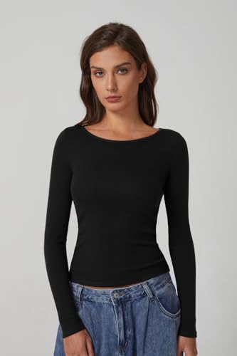 QINSEN Women's Long Sleeve T Shirts Crewneck Tight Fitted Rib Knit Y2k Casual Tee Tops2