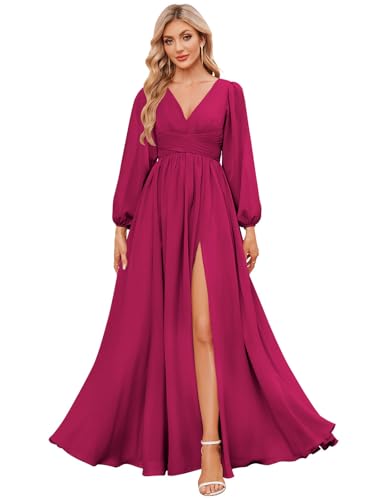 Women's Long Sleeve Bridesmaid Dresses with Slit V Neck Chiffon Ruched Formal Wedding Guest Party Dresses