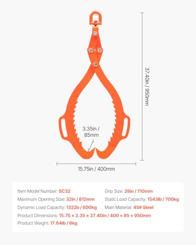 Image of VEVOR 32in Log Lifting Tongs, 2-Claw Log Tongs, Heavy Duty Steel Log Grapple, 1543LBS Lifting Capacity, Swivel Log Graper Timber, Eagle Claw Design, Log Skidding Tongs for Trucks, Tractors, Forklifts