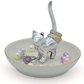Exembe Silver Cat Ring Holder Jewelry Tray Trinket Dish 4" Diameter Platinum Kitty Shape