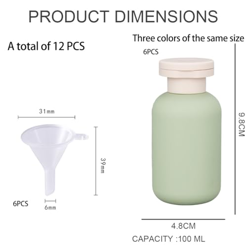 Image of Travel Bottle Kit for Toiletries, 6PCS 100ml Travel Toiletry Bottles Set with 6PCS Mini Funnels With 2 Storage Pouch, Leak-Proof Containers for Shampoo and Lotion, travel accessories, Pink Green Blue