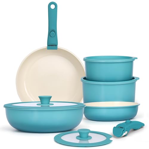 Image of GIPP 11pcs Pots and Pans Set Non Stick, Nonstick Cookware Set Detachable Handle, Ceramic Pots for Cooking Non Stick with Removable Handle, RV Cookware Set for All Stoves, Light Blue Gradient