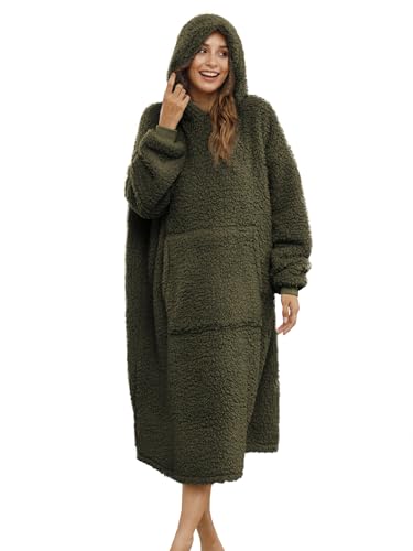 ililmmoe Sherpa Wearable Blanket Oversized Hoodie Sweatshirt TV Blanket with Long Sleeves and Pocket-Olive