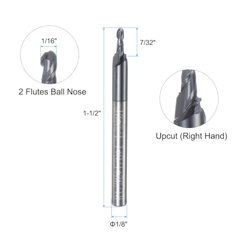 Image of uxcell Ball Nose End Mill CNC Router Bit, 1 /32 inch Radius 1 /8 inch Shank Solid Carbide AlTiN Coated Upcut Spiral 2 Flutes Cutter Milling Tool, 1 /16 inch Dia 1-1 /2 inch Total Length