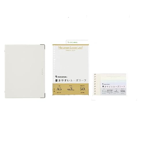 マルマン バインダー ユアンス A5 20穴 F416-06 ホワイト & ルーズリーフセット (A5 3o方眼罫/ミニくすみカラー) + ロコネコカード