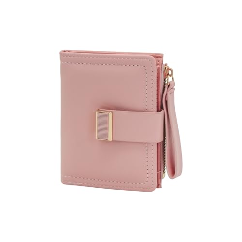 Woman Wallet, Solid Color Lady Zipper Wallet Leather Wallet Purses with Portable Rope and Snap Button Credit Card Holder(Pink)2