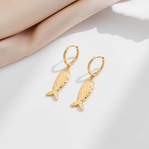 YUJIGold Fish Earrings for Women Fishbone Dangle Earring Huggie Hoops with Cute Charm Chic Ocean Jewelry2