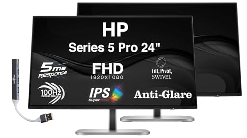 Image of HP Series 5 Pro 24 inch FHD IPS Monitor with 5ms Response Time, Anti-Glare, Flicker Free, 350nits Brightness, 100 Hz Refresh rate, Displayport, HDMI & Dockztorm USB Port Expander, Black /Silver Color 2Pack