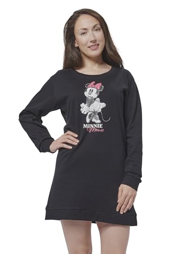 Disney Minnie Mouse Nachthemd für Damen - Schlafshirt Pyjama Langarm Oberteil Schwarz (S)
