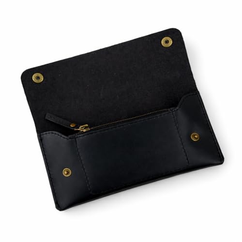 Image of Leather Currency Pouch - Handmade Cash Organizer with Double Button Closure & Zipper Pocket, Compact Money Holder for Travel & Everyday Use, 4 x 8 Inch (Black)