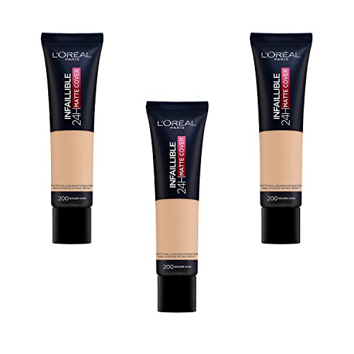 L'Oréal Paris Infaillible 24H Mat Cover Fond de Teint Matifiant - 200 Sable Doré, lot de 3 (3 x 30 ml)