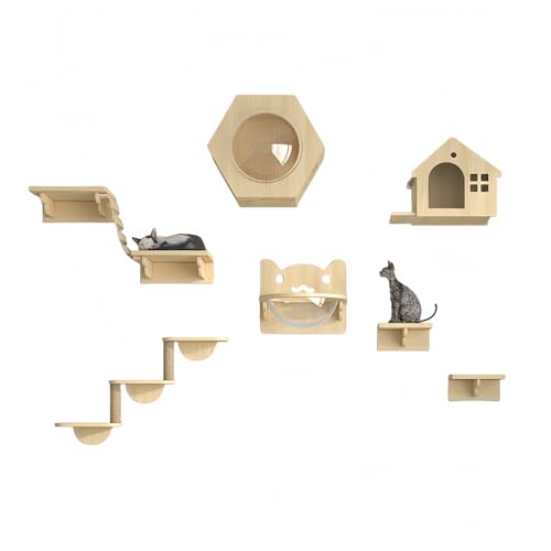 Stewlt キャットウォーク 壁用 大型猫用 木製 突っ張り お手入れ簡単 キャットタワー 猫宇宙船 壁掛け猫棚 省スペース コンパクト 室内インテリア (パッケージ4)